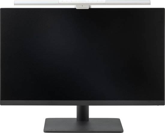 Zilverwitte BenQ Screenbar Pro monitorlamp boven een gesloten zwart computerscherm.