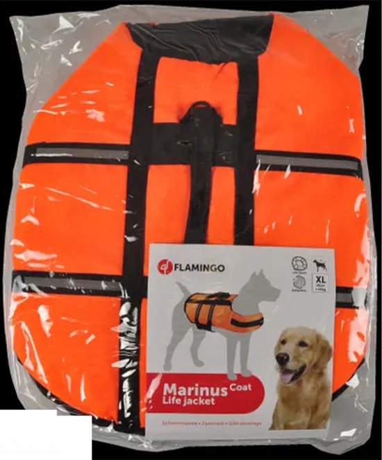 Oranje reddingsvest voor honden, model Marinus Coat van Flamingo, maat XL, met reflecterende strepen en draaggreep.