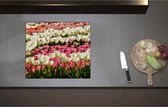 Inductieplaat Beschermer - Bloeiend Bloemenveld van Verschillende Kleuren Bloemen in de Lente - 58x51 cm - 2 mm Dik - Inductie Beschermer - Bescherming Inductiekookplaat - Kookplaat Beschermer van Wit Vinyl