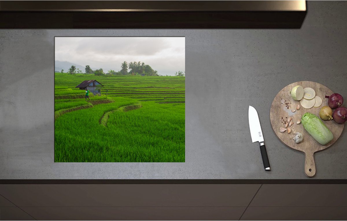 Inductieplaat Beschermer - Boer Werkend op de Rijstvelden in Indonesië - 57x55 cm - 2 mm Dik - Inductie Beschermer - Bescherming Inductiekookplaat - Kookplaat Beschermer van Zwart Vinyl