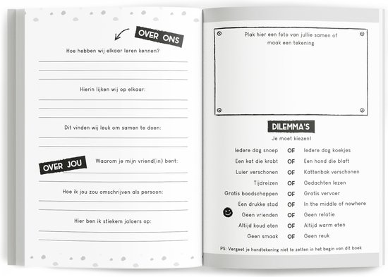Open vriendenboek met pagina's 'Over ons', 'Over jou' en 'Dilemma's'.