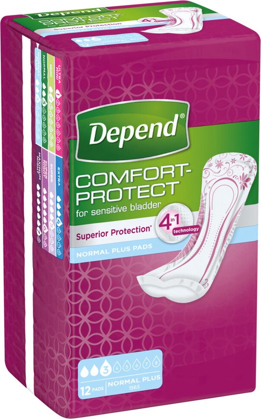Doos 'Depend COMFORT-PROTECT'. Toont een incontinentieverband, 4-in-1 technologie en 12 pads.