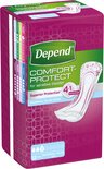 Doos 'Depend COMFORT-PROTECT'. Toont een incontinentieverband, 4-in-1 technologie en 12 pads.