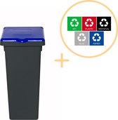 Plafor Fit Bin Prullenbak met Deksel voor Afvalscheiding - 75L – Zwart/Blauw- Inclusief 5-delige Stickerset - Afvalbak voor gemakkelijk Afval Scheiden en Recycling - Afvalemmer - Vuilnisbak voor Huishouden, Keuken en Kantoor - Afvalbakken - Recyclen