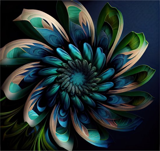 Inductieplaat Beschermer - Bloem in Blauw en Groen Tinten - 58x55 cm - 2 mm Dik - Inductie Beschermer - Bescherming Inductiekookplaat - Kookplaat Beschermer van Wit Vinyl