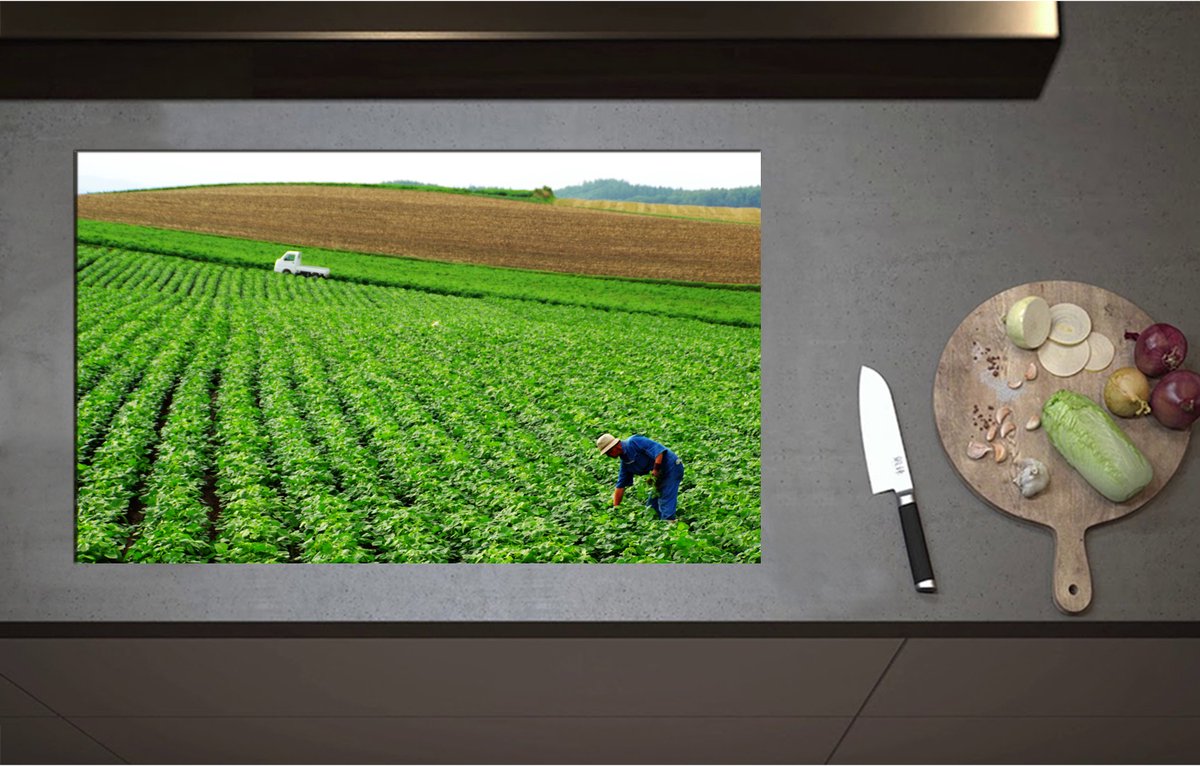 Inductieplaat Beschermer - Boer werkend op het Land vol Gewassen - 85x52 cm - 2 mm Dik - Inductie Beschermer - Bescherming Inductiekookplaat - Kookplaat Beschermer van Zwart Vinyl