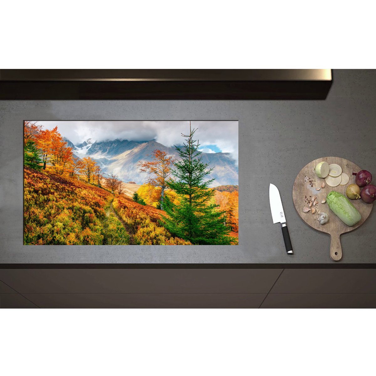Inductieplaat Beschermer - Bomen in Verschillende Kleuren Hoog in de Bergen - 85x50 cm - 2 mm Dik - Inductie Beschermer - Bescherming Inductiekookplaat - Kookplaat Beschermer van Wit Vinyl
