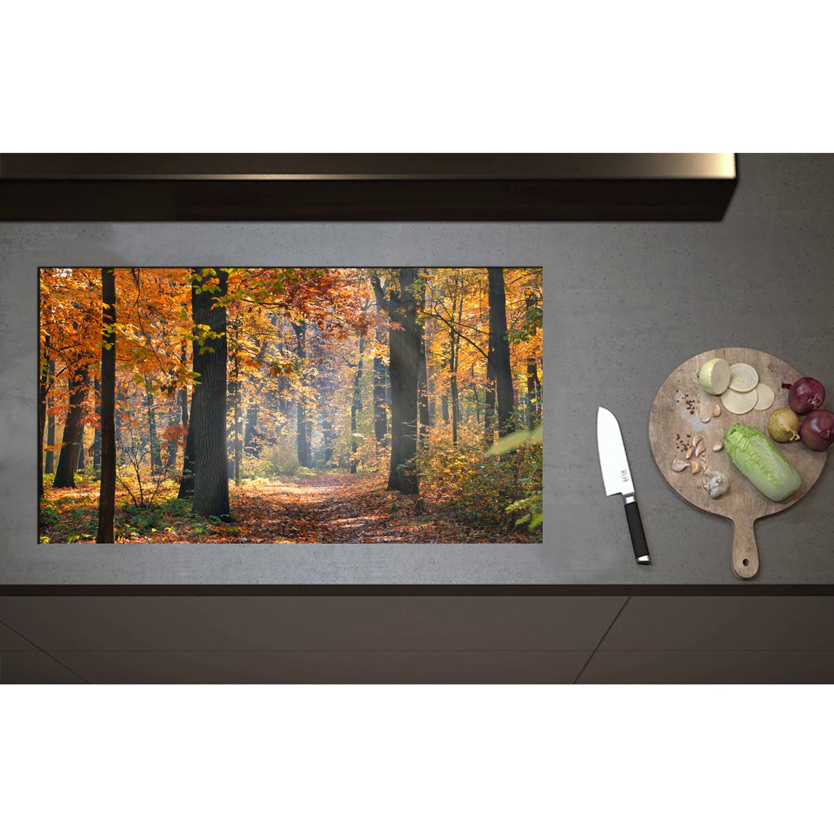 Inductieplaat Beschermer - Bos met Oranje Blaadjes in de Herfst - 90x50 cm - 2 mm Dik - Inductie Beschermer - Bescherming Inductiekookplaat - Kookplaat Beschermer van Zwart Vinyl