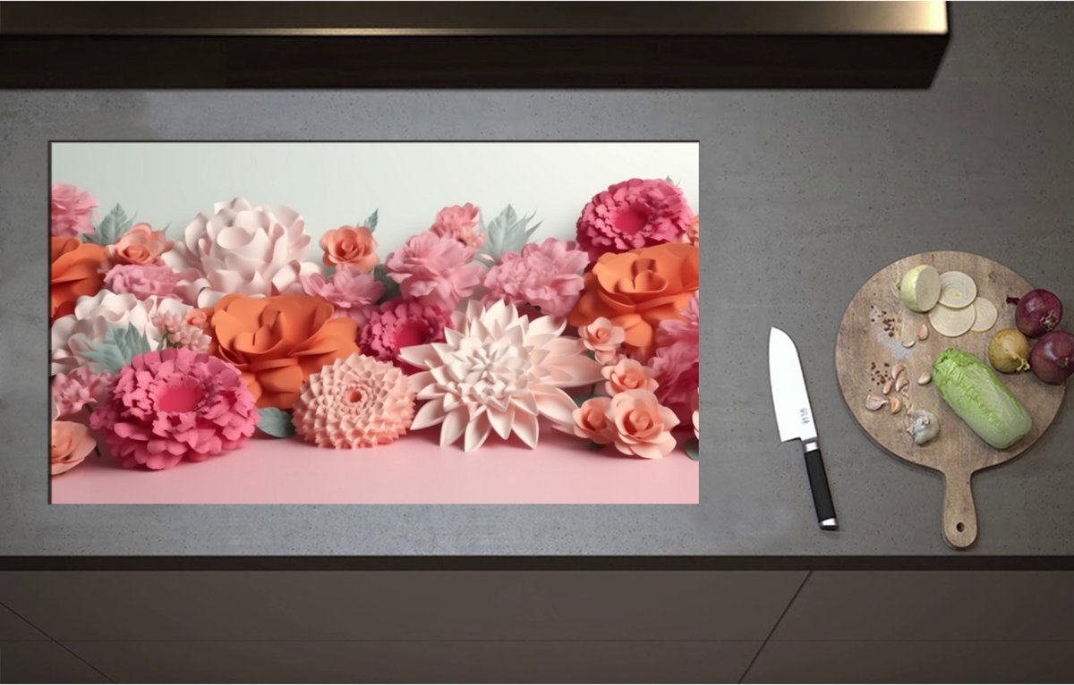 Inductieplaat Beschermer - Boeket van Papieren Bloemen - 90x51 cm - 2 mm Dik - Inductie Beschermer - Bescherming Inductiekookplaat - Kookplaat Beschermer van Zwart Vinyl