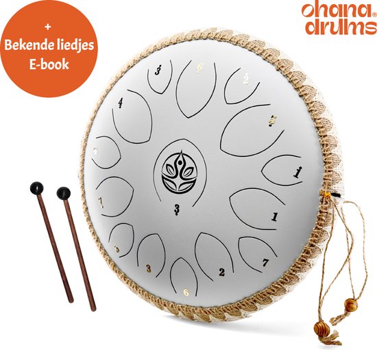 Ohana Drums® 36 cm Handpan Gewoon Wit - Tongue drum - Klankschaal - 15 noten - Handpan - Tong Drum - Klankschalen - Yoga Drum - Lotus Tong - Steeldrum - Muziekinstrument voor kinderen - Mindfulness muziektherapie - Percussie-instrumenten van Ohana Drums — afbeelding 3