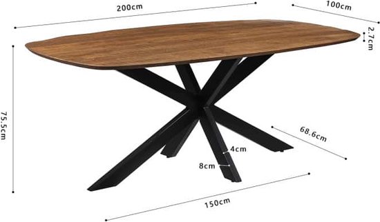 Eettafel 'Isabella' 200 cm Spider-poot Ovaal Mangolia, Structuur metaal, blad exotisch hout mangolia, - Top 45 mm