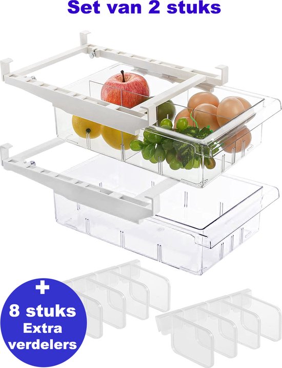 Foto: Q living transparante koelkast organizer set van 2 extra lade in koelkast doorzichtige verdelers doorzichtig met scheiding tot 8 vakjes verstelbaar bpa vrij