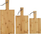 Bamboe Serveer- en Charcuterieplanken, 3-delig set, Rechthoekige Peddel Snijplanken met Handvatten, 30, 35 & 45 cm, Leren Ophanghaken, Beschermt Keukenwerkbladen