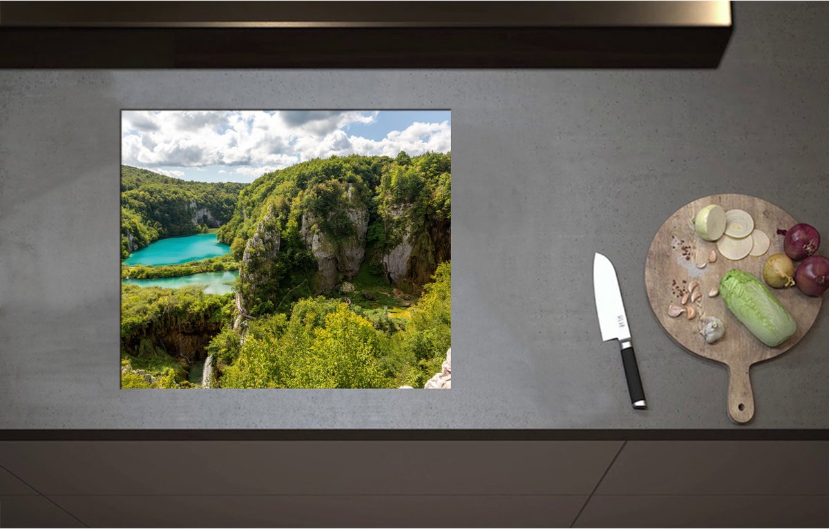 Inductieplaat Beschermer - Blauwe Wateren bij Planten in het Nationale Park Plitvicemeren, Kroatië - 60x51 cm - 2 mm Dik - Inductie Beschermer - Bescherming Inductiekookplaat - Kookplaat Beschermer van Zwart Vinyl