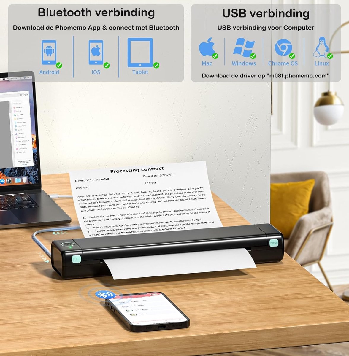 Phomemo - M08F - Portable Bluetooth Printer - A4 Formaat - Draadloos - Thermische Inktvrije Printer - Met App - Inclusief Beschermhoes — afbeelding 3