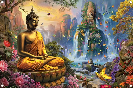Boeddha tuinposter - Beeld tuinposter - Tuinposters Waterval - Wanddecoratie tuin - Tuinaccessoires - Tuinschilderij tuinposter 90x60 cm