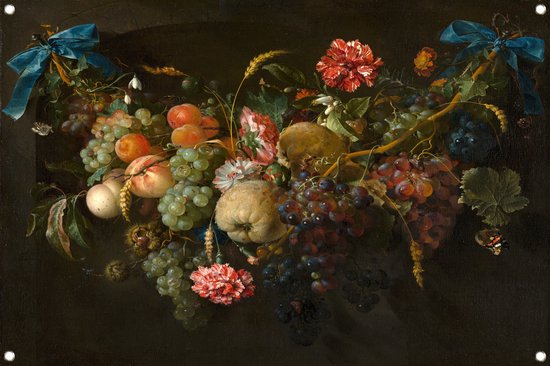 Guirlande van vruchten en bloemen - Jan Davidsz. de Heem poster - Fruit posters - Tuinposters Natuur - Wanddecoratie buiten - Schuttingdoek - Decoratie tuin tuinposter 60x40 cm