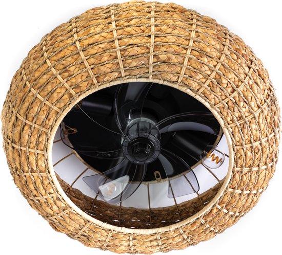 Plafondventilator 50cm met 4x E27 lampenhouder, bamboe rattan, stille DC motor, 3 snelheden, timer, zomer/winter functie