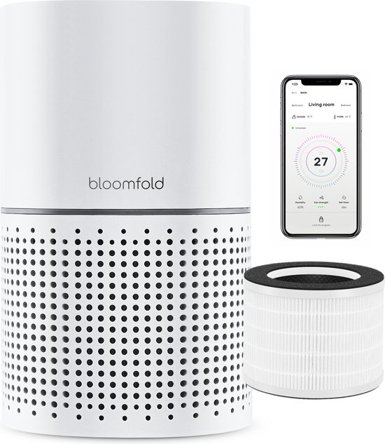 Foto: Bloomfold luchtreiniger air purifier hepa 13 filter koolstoffilter cadr 240m3 h wifi modus app luchtkwaliteit indicator 3 standen slaapstand