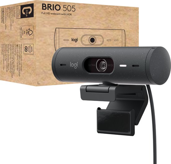 Webcam Logitech Brio 505 grise avec inscription 'ULTRA WIDE', à côté de son emballage en carton.