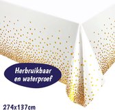 Tafelkleed Plastic - 137 x 274cm - Wit Tafelkleed - Gouden Stippen - Tafeldoek - Tafellaken - Tafelzeil - Pasen - Bruiloft - Kerst