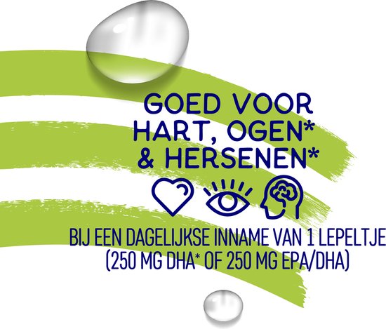 Grote druppel algenolie en kleinere druppels. Groene verfstrepen. Tekst: "Goed voor hart, ogen & hersenen. Bij een dagelijkse inname van 1 lepeltje (250 mg DHA* of 250 mg EPA/DHA*)."