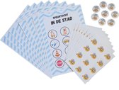 Kinderfeestje pakket: 8x speurtocht met stickervellen en buttons | Thema: in de stad | Design: zigzag | Kant-en-klaar | Spel/activiteit voor 8 kinderen