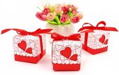 50x Favor Box Geschenkdoos van rood hartjespapier voor snoep, confetti, bonbons, tafeldecoratie voor bruiloft, verjaardag, feest, babyshower, festival.