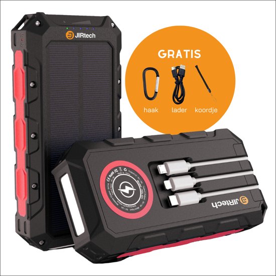 JIRTech® - Solar Powerbank 30 000 mAh - Ingebouwde kabels - Iphone & Samsung - Solar Charger - Powerbank Zonneenergie - Draadloos opladen - Wireless charger - Snellaadfunctie - Snel Laden - 6x USB - Usb C - Noodpakket - Zaklamp - Meerdere Apparaten