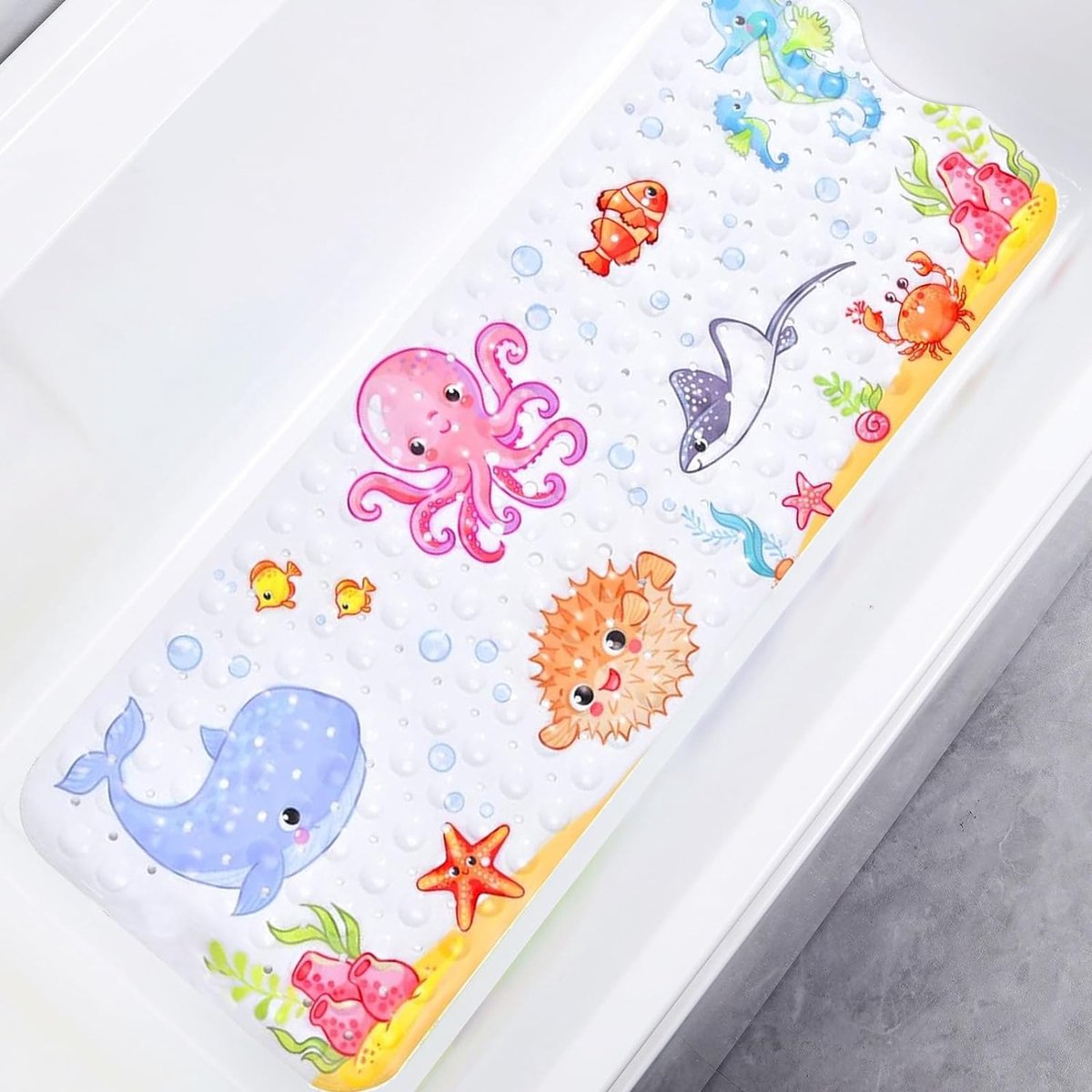 Babybadmat voor badkuip, 100x40 cm antislip cartoon badkuip douchemat voor kinderen, antislip badmat met zuignappen, machinewasbaar (rechter afvoer)