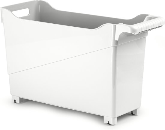 Bac de rangement blanc en plastique avec poignées et roulettes. Face avant inclinée.
