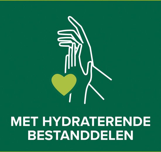Witte handen die elkaar aanraken, met een groen hart. Tekst: 'Met hydraterende bestanddelen'.