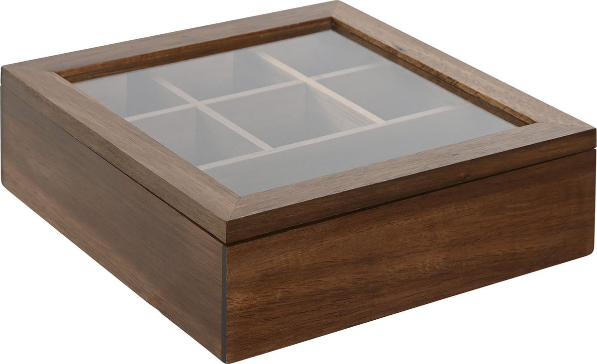 Items Theedoos Ceylon - 6-vaks - Acacia hout - 20 x 20 x 6 cm - doorzichtige deksel