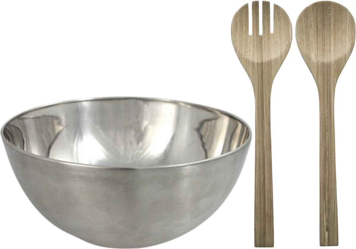 Salade schaal met sla couvert - RVS/bamboe - mat zilver - serveerschaal - D29 x H14 cm