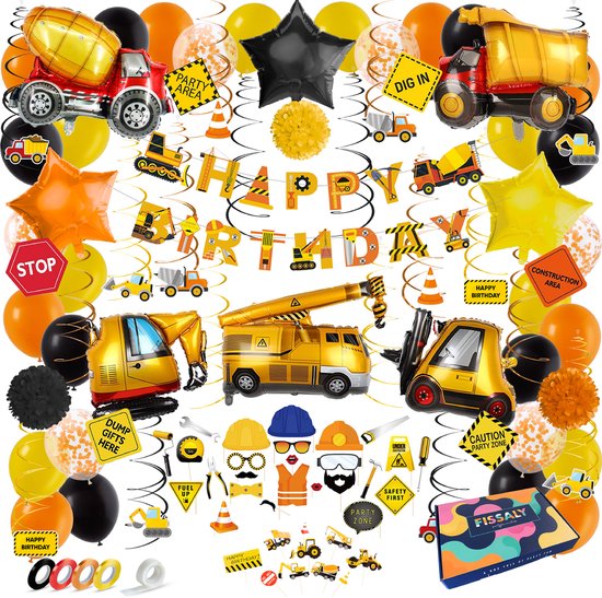 Fissaly 106 Stuks Bouw Verjaardag Thema Decoratie Set – Kinderfeest & Themafeest – Constructie Feestje Happy Birthday Jongen – Vrachtwagen, Bouwvoertuig, Graafmachine & Tractor - Kinderfeestje Under Construction