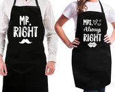 2 stuks Keukenschort Zwart - voor Hem en Haar | 65x90cm | MR. RIGHT AND MRS. ALWAYS RIGHT| 100% katoen | Schort / Keukenschorten | Verjaardags cadeau | BBQ - VADERDAG - MOEDERDAG - Met tekst
