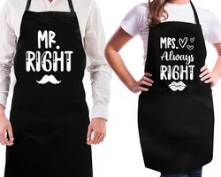 2 stuks Keukenschort Zwart - voor Hem en Haar | 65x90cm | MR. RIGHT AND MRS. ALWAYS RIGHT| 100% katoen | Schort / Keukenschorten | Verjaardags cadeau | BBQ - VADERDAG - MOEDERDAG - Met tekst