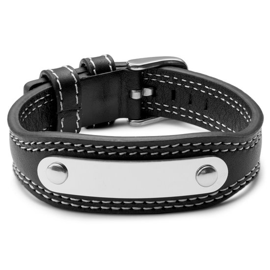 Zwarte Lederen en Zilverkleurige Stalen ID-armband