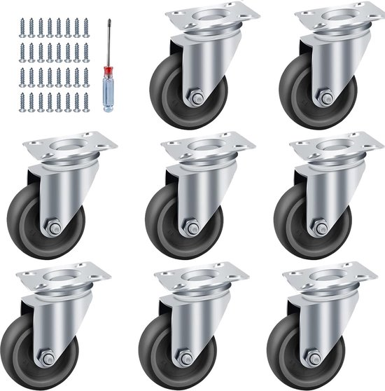 8 stuks zwenkwielen, Ø 50 mm zware wielen, rubberen meubelwielen