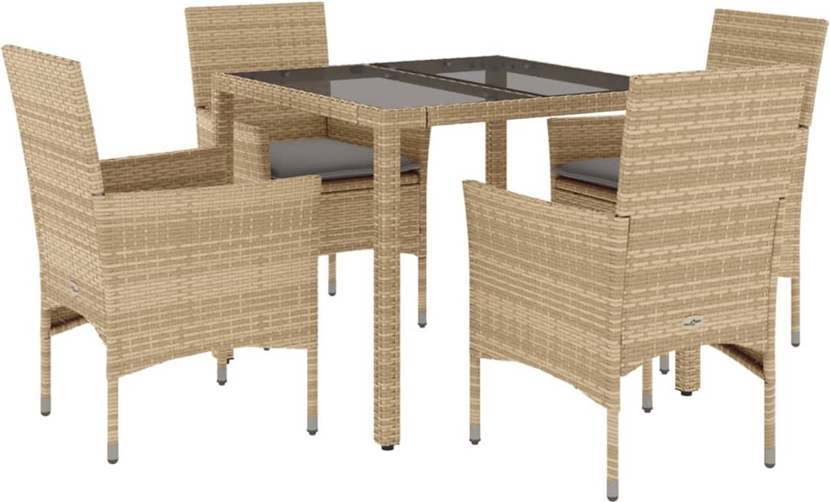 VidaXL 5-delige Tuinset met kussens poly rattan en glas beige