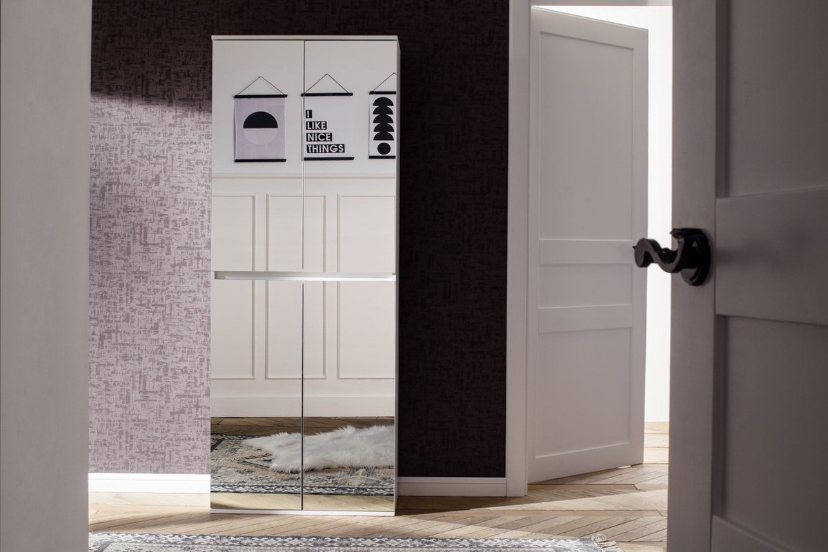 Garderobekast Mirror | 74 x 34 x 191 cm | Vier deuren | Wit