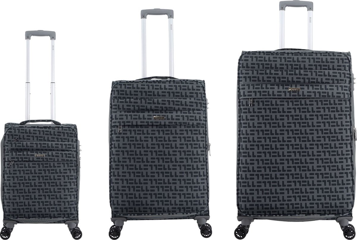 ELLE Couture Zachte Kofferset 3-Delig / Trolleyset / Reiskofferset - Grijs / Set