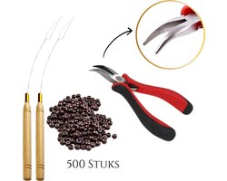 Thef - Startset voor Nanoring Extensions - 500 Nanoringen - 2x Nanoring Loopnaald - Gebogen Tang - Bruin