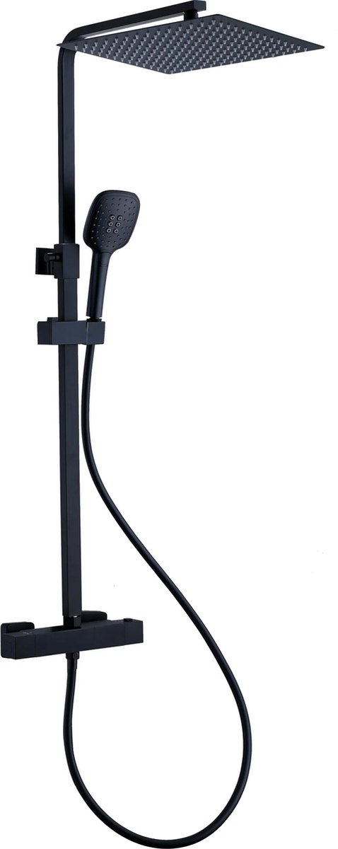 Doucheset Opbouw Compleet Mat Zwart - Regendouche Vierkant 25 x 25 cm - Sedal binnenwerk -Thermostaatkraan – Zeer goede kwaliteit – RVS en Messing – Design