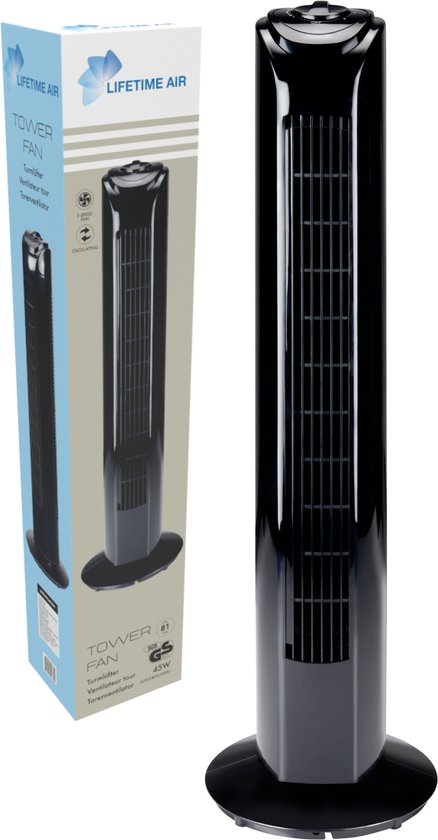 Lifetime Air Torenventilator - Ventilator met 3 Snelheden - Draaibare Ventilator Staand - Vloerventilator 54dB - Perfect voor Slaapkamer en Kantoor - Netstroom Kabel 1,5M - 81 x 67 cm - Zwart
