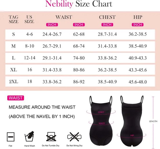 Maattabel van Nebility voor tailles, borstomvang en heupen in inches en centimeters. Illustraties tonen hoe taille, borst en heup te meten. Verzorging: plat drogen, handwas, niet in de droger en niet wringen.