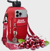 DrinkStation - Rode Drinkfles met hoes - Drinkfles met Rietje - Gymfles met Rietje - Sportfles - Gymfles voor je telefoon - Water Fles - Bidon - KERST CADEAU - Opbergruimte voor je telefoon en sleutels - Gym fles met Rietje - Gymtas - Sport fles
