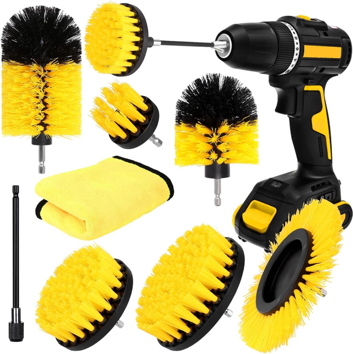 Goedkoopste Borstelzet - 8 Opzetstukken - Velgenborstel - Deep Clean - Power Scrub - Voor velgen, tegels, vloeren, keuken, badkamer - Geel