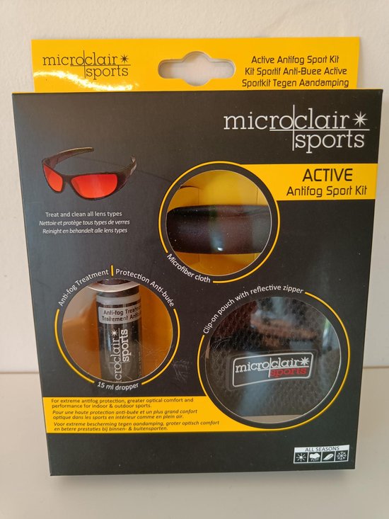 Microclair Sports Active Antifog Sport Kit verpakking met zonnebril, anti-condens behandeling, 15 ml druppelaar en microvezeldoek.