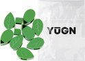 Clips verts pour plantes en forme de feuille et un emballage blanc avec le logo YUGN.